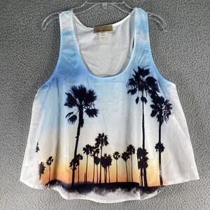 Ella Samani Women Tank Top Size SMALL White Palm Trees Sunset Racerback Made USA